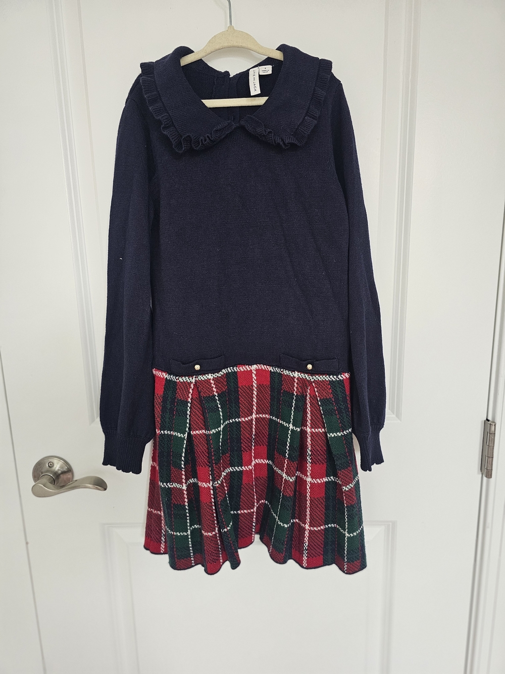Janie and Jack Navy Knit Dress with Red & Green Plaid Skirt